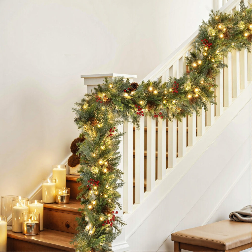 Christmas Wreaths & Garlands: Jingle Jollys 3M Christmas Garland Pre-lit LED with Pine Cones Xmas Decor Green