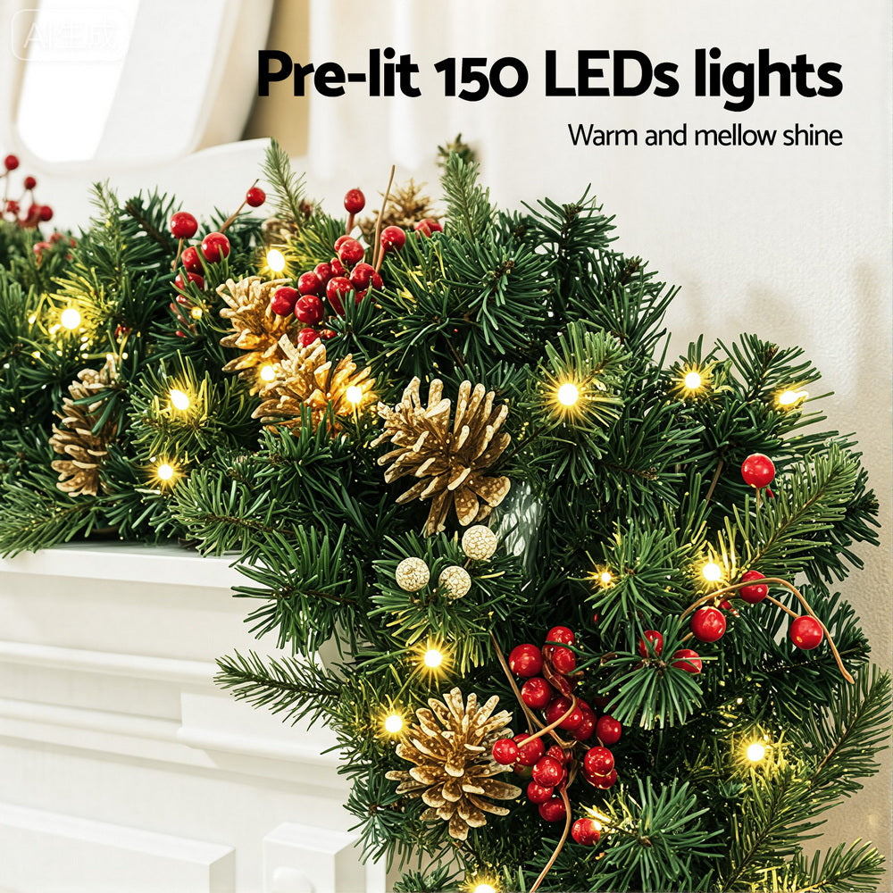 Christmas Wreaths & Garlands: Jingle Jollys 1.8M Christmas Garland Pre-lit LED Pine Cones Berries Xmas Decor