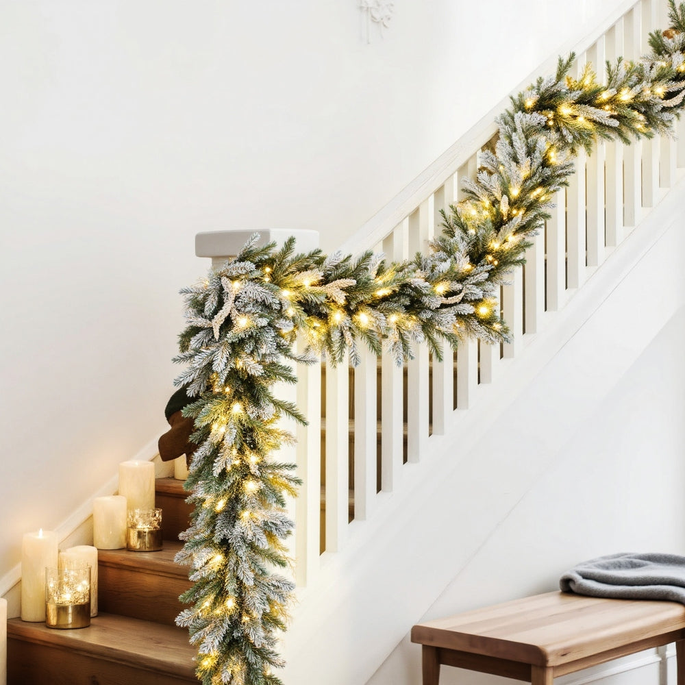Christmas Wreaths & Garlands: Jingle Jollys 3M Christmas Garland Pre-lit LED Lights Snow Frosted Tips Decor