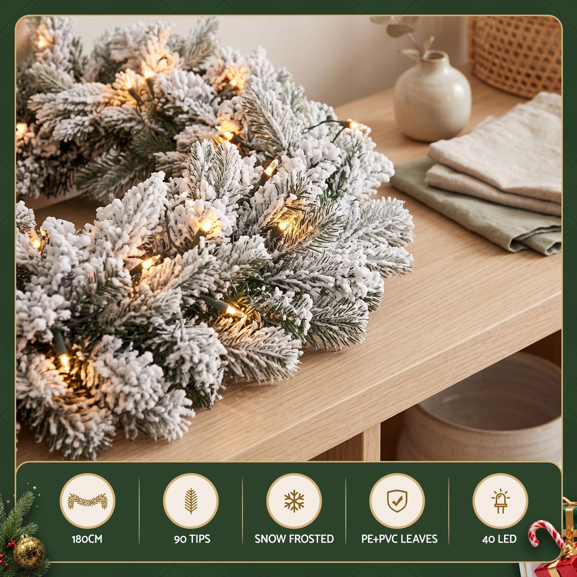 Jingle Jollys 1.8M Christmas Garland 8 Mode LED Snow Frosted Tips Auto Timing