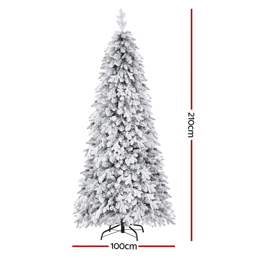 Christmas Trees: Jingle Jollys Christmas Tree 2.1m Flocking Pencil Tree LED Xmas 860 Tips White