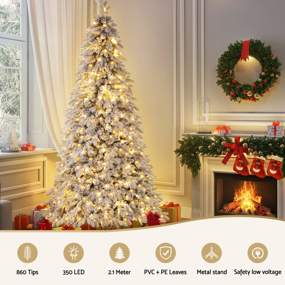 Christmas Trees: Jingle Jollys Christmas Tree 2.1m Flocking Pencil Tree LED Xmas 860 Tips White