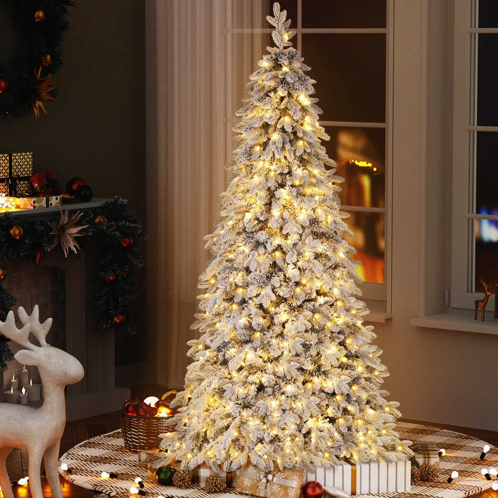 Christmas Trees: Jingle Jollys Christmas Tree 2.1m Flocking Pencil Tree LED Xmas 860 Tips White
