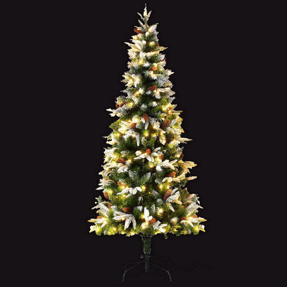 Christmas Trees: Jingle Jollys Christmas Tree 190cm Pine Cones LED Flocking Xmas Tree 680 Tips