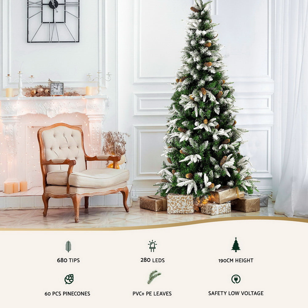 Christmas Trees: Jingle Jollys Christmas Tree 190cm Pine Cones LED Flocking Xmas Tree 680 Tips