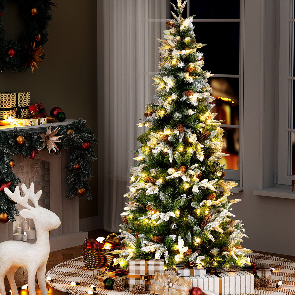 Christmas Trees: Jingle Jollys Christmas Tree 190cm Pine Cones LED Flocking Xmas Tree 680 Tips