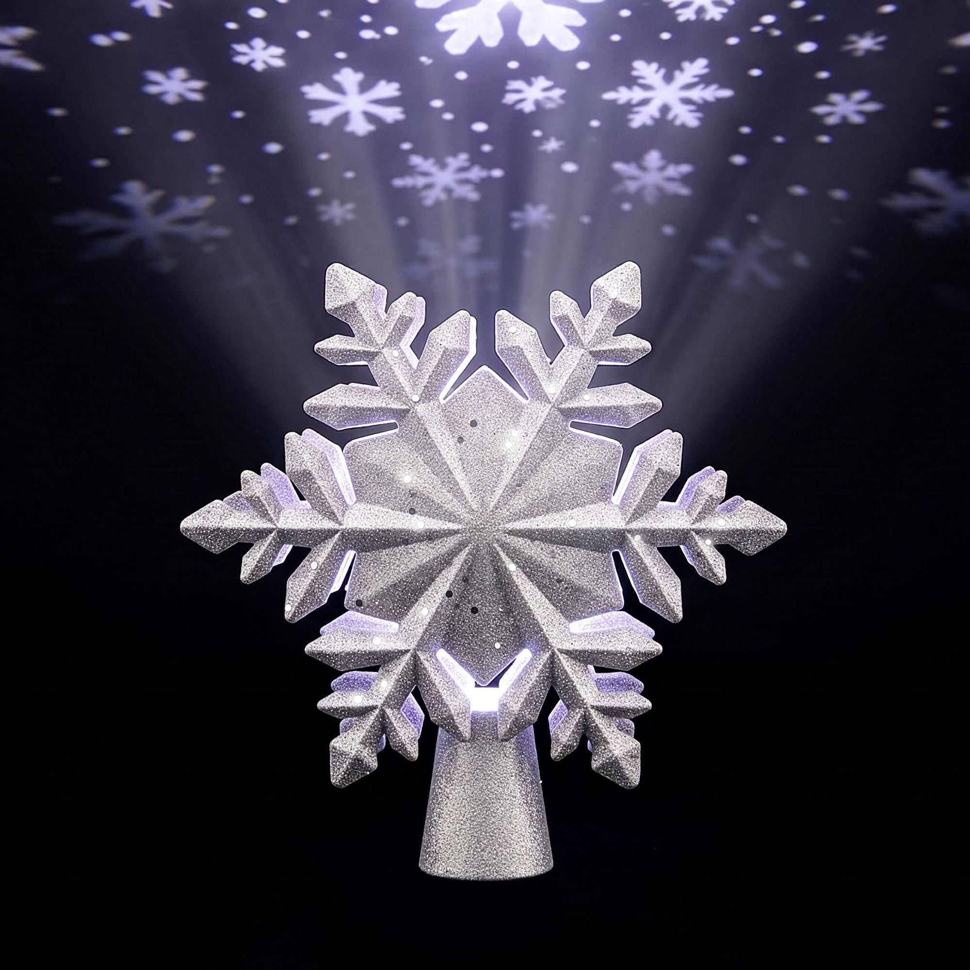 Jingle Jollys Christmas Tree Topper Lighted 360° Rotating Snowflake Projector Silver Glitter