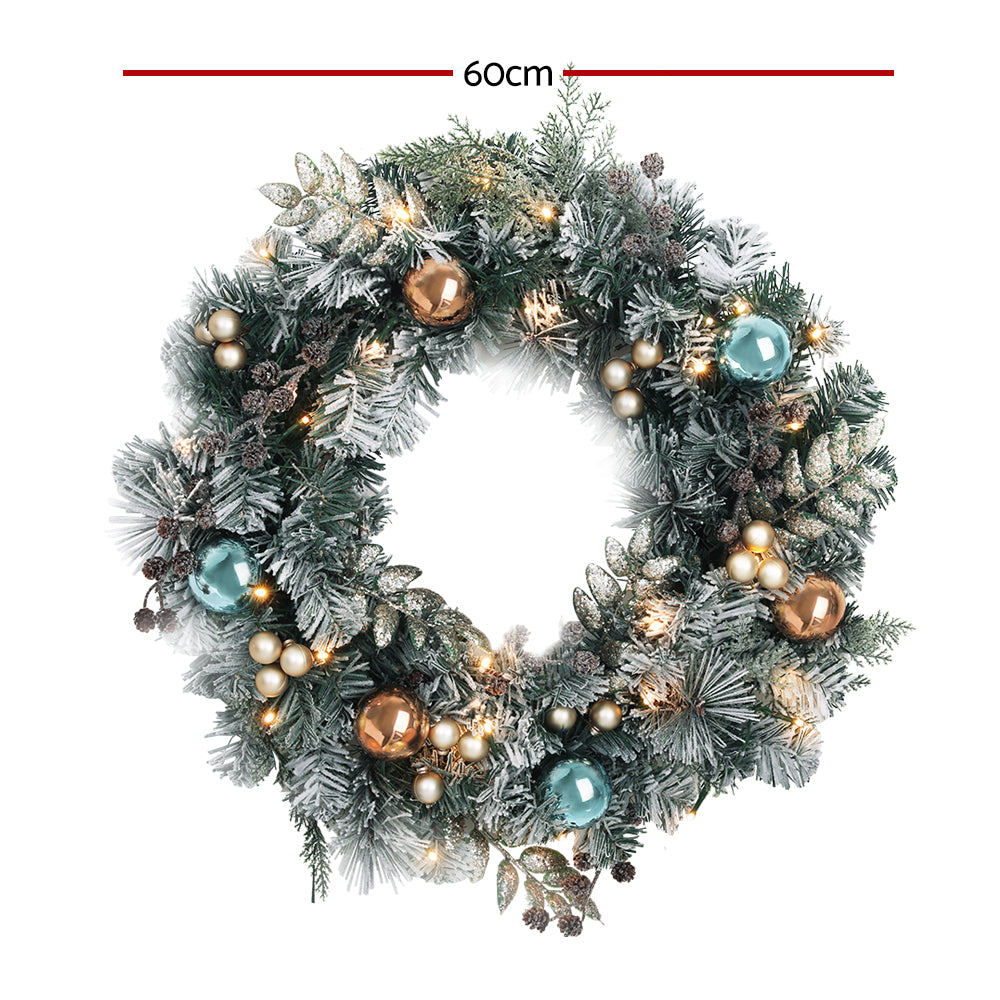 Christmas Wreaths & Garlands: Jingle Jollys 60cm Christmas Wreath with LED Lights Snowy Garland Xmas Decor