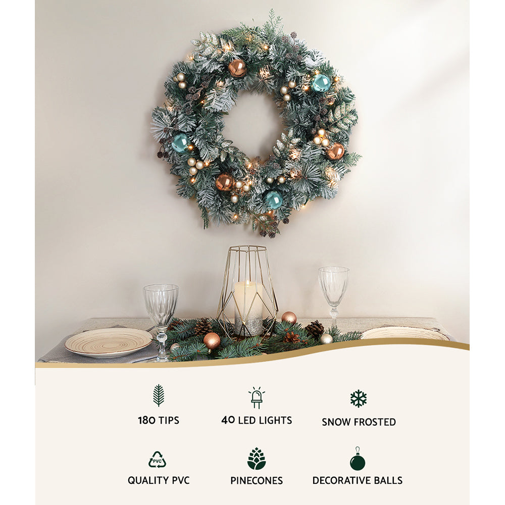 Christmas Wreaths & Garlands: Jingle Jollys 60cm Christmas Wreath with LED Lights Snowy Garland Xmas Decor