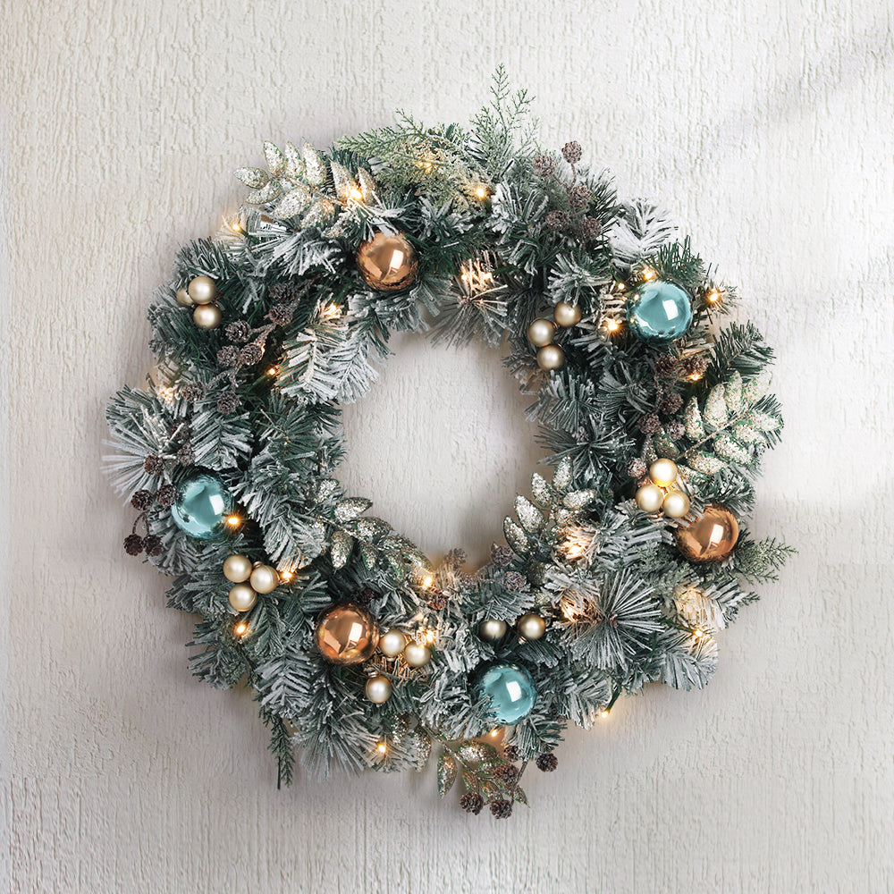 Christmas Wreaths & Garlands: Jingle Jollys 60cm Christmas Wreath with LED Lights Snowy Garland Xmas Decor
