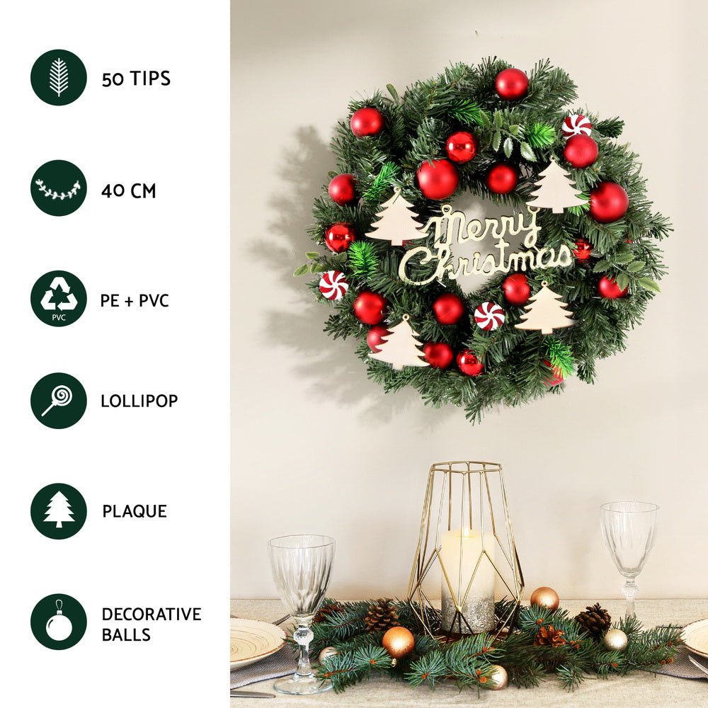 Christmas Wreaths & Garlands: Jingle Jollys Christmas Wreath 40CM Xmas Garland Baubles Ornaments Party Decor