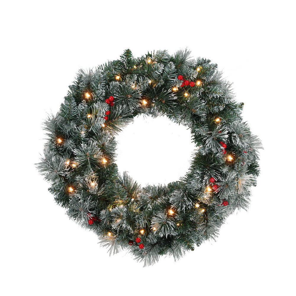 Christmas Wreaths & Garlands: Jingle Jollys 60cm Christmas Wreath LED Lights Snowy Berries Garland Party Decor