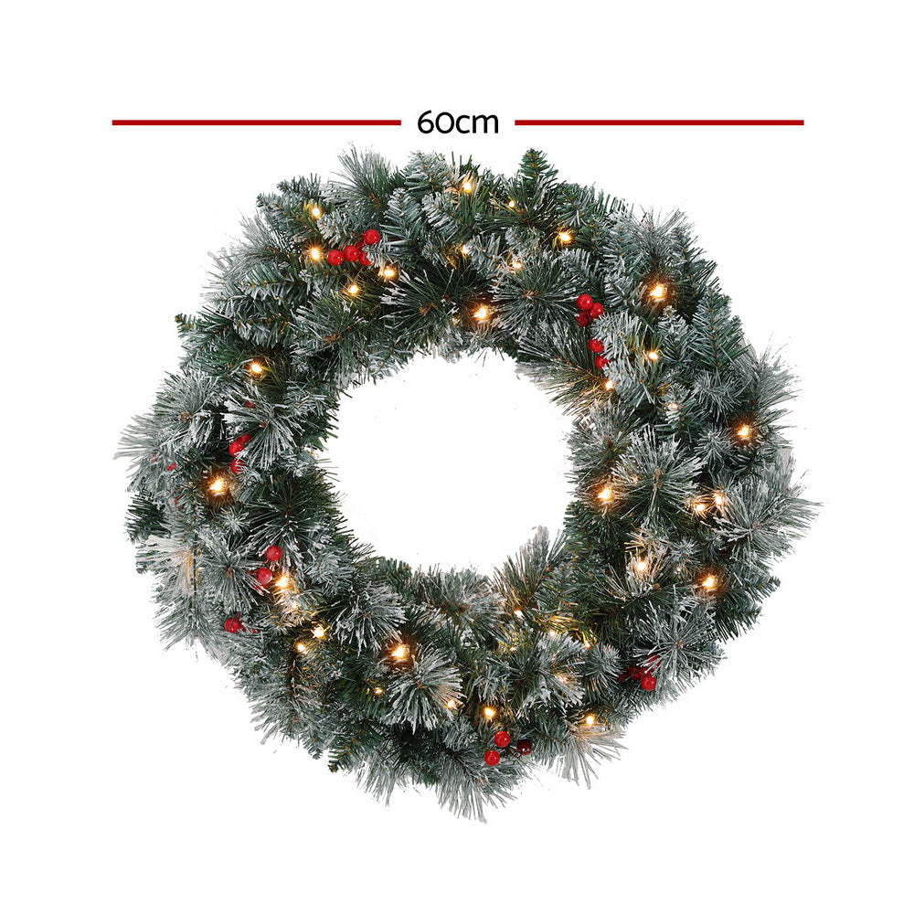 Christmas Wreaths & Garlands: Jingle Jollys 60cm Christmas Wreath LED Lights Snowy Berries Garland Party Decor