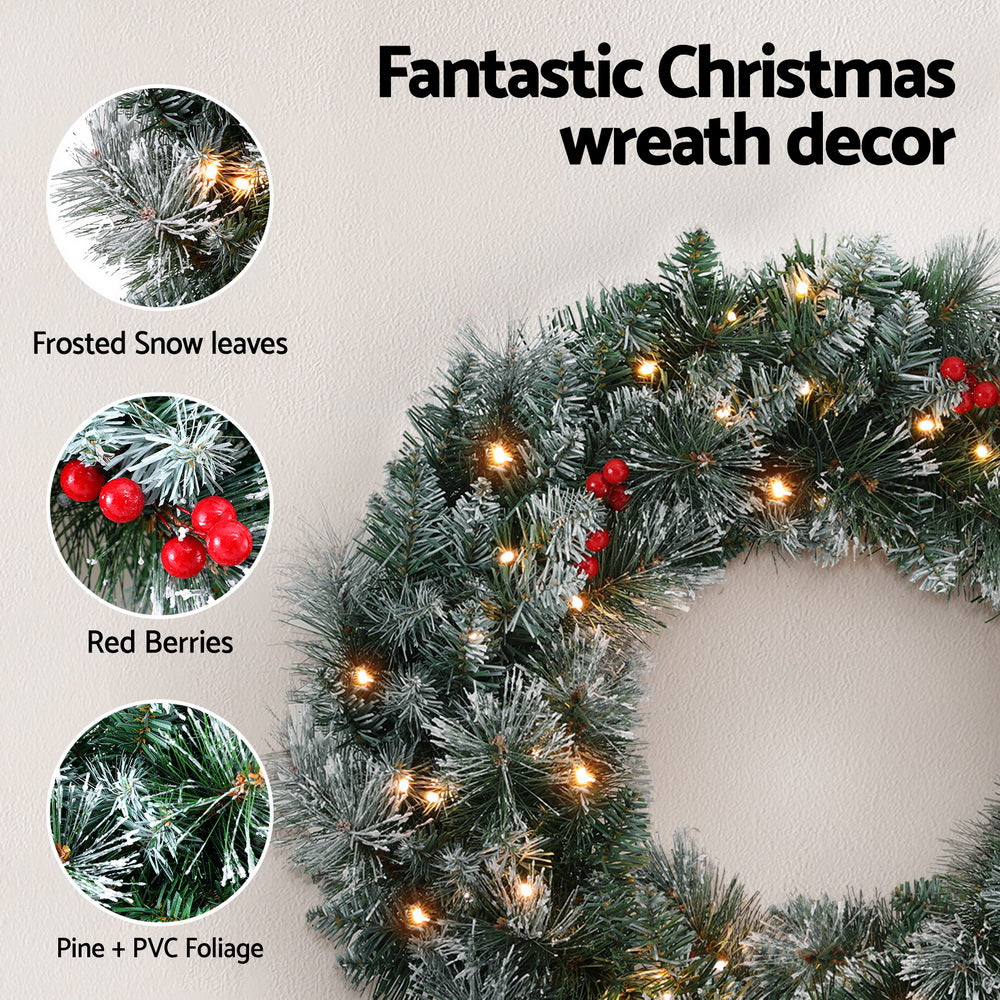 Christmas Wreaths & Garlands: Jingle Jollys 60cm Christmas Wreath LED Lights Snowy Berries Garland Party Decor
