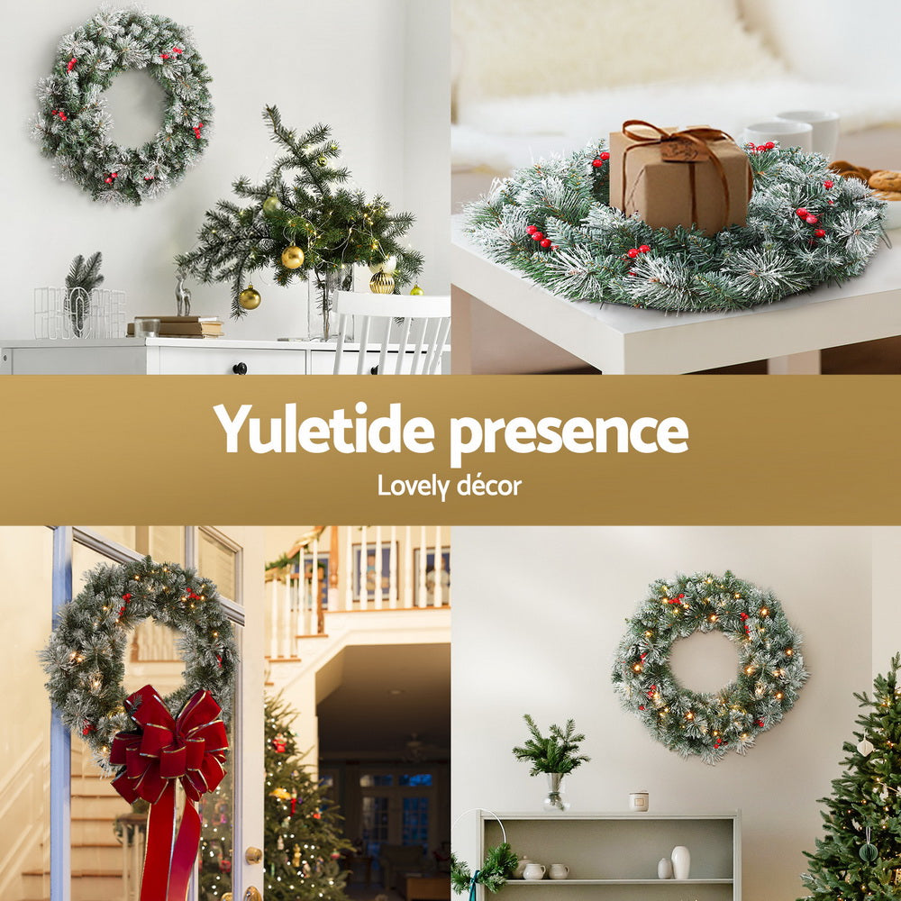 Christmas Wreaths & Garlands: Jingle Jollys 60cm Christmas Wreath LED Lights Snowy Berries Garland Party Decor
