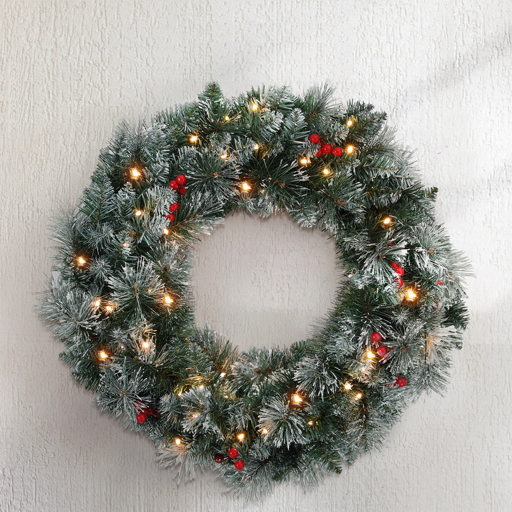 Christmas Wreaths & Garlands: Jingle Jollys 60cm Christmas Wreath LED Lights Snowy Berries Garland Party Decor