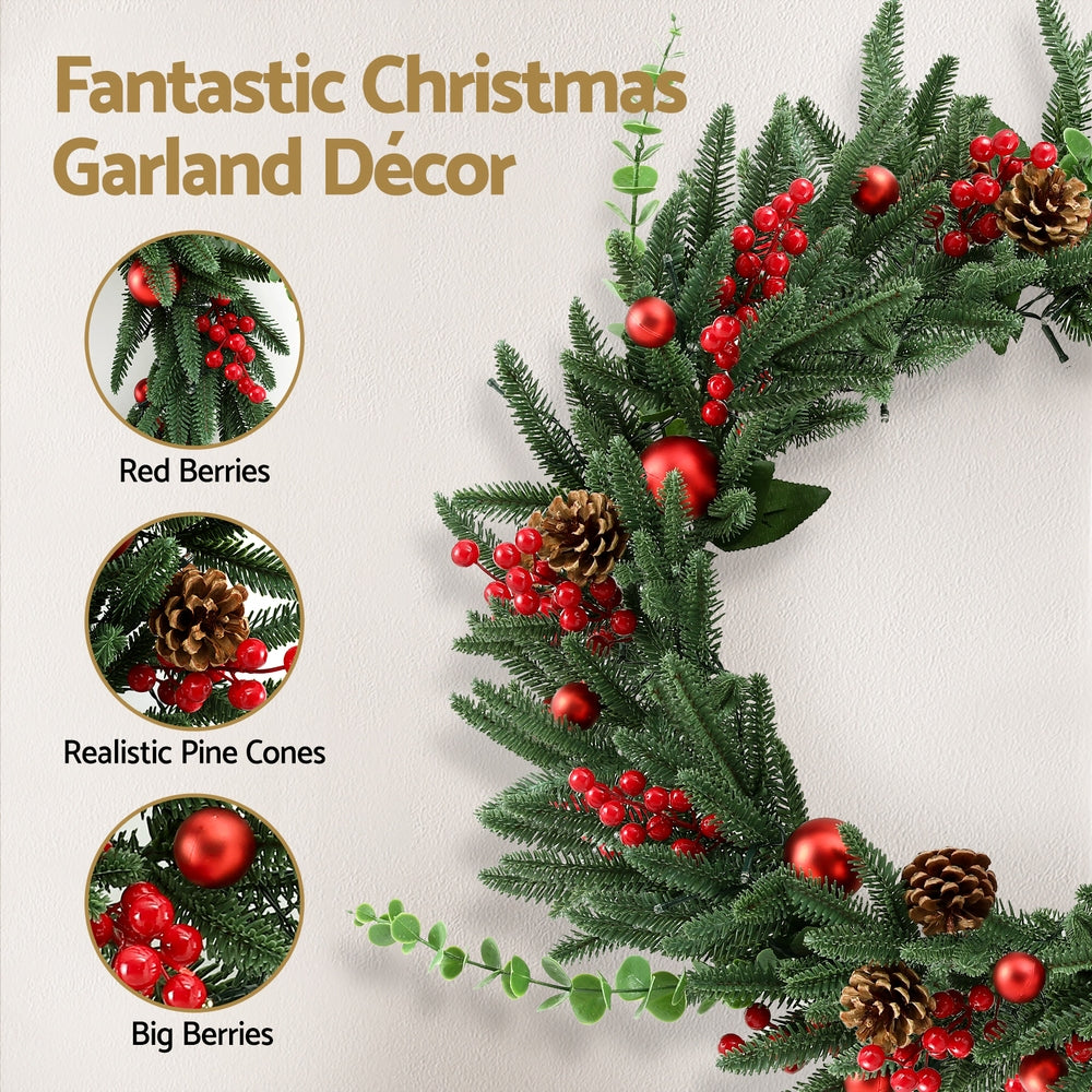 Jingle Jollys Christmas Wreath 60CM LED Garland Berries Pine Cones Party Decor