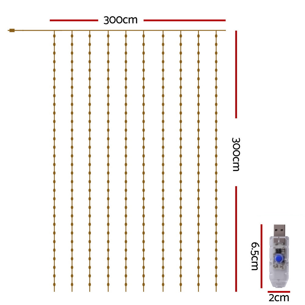 Outdoor Decorations & Lights: Jingle Jollys 3X3M Christmas Lights Curtain String Light 300 LED Warm White