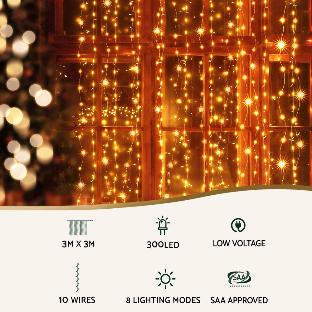 Outdoor Decorations & Lights: Jingle Jollys 3X3M Christmas Lights Curtain String Light 300 LED Warm White