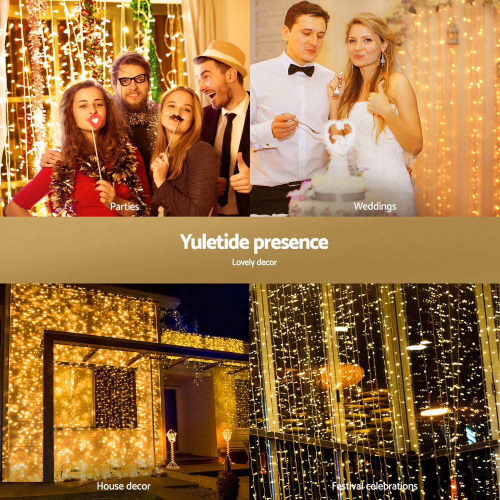 Outdoor Decorations & Lights: Jingle Jollys 3X3M Christmas Lights Curtain String Light 300 LED Warm White