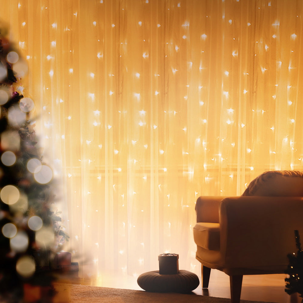 Outdoor Decorations & Lights: Jingle Jollys 3X3M Christmas Lights Curtain String Light 300 LED Warm White