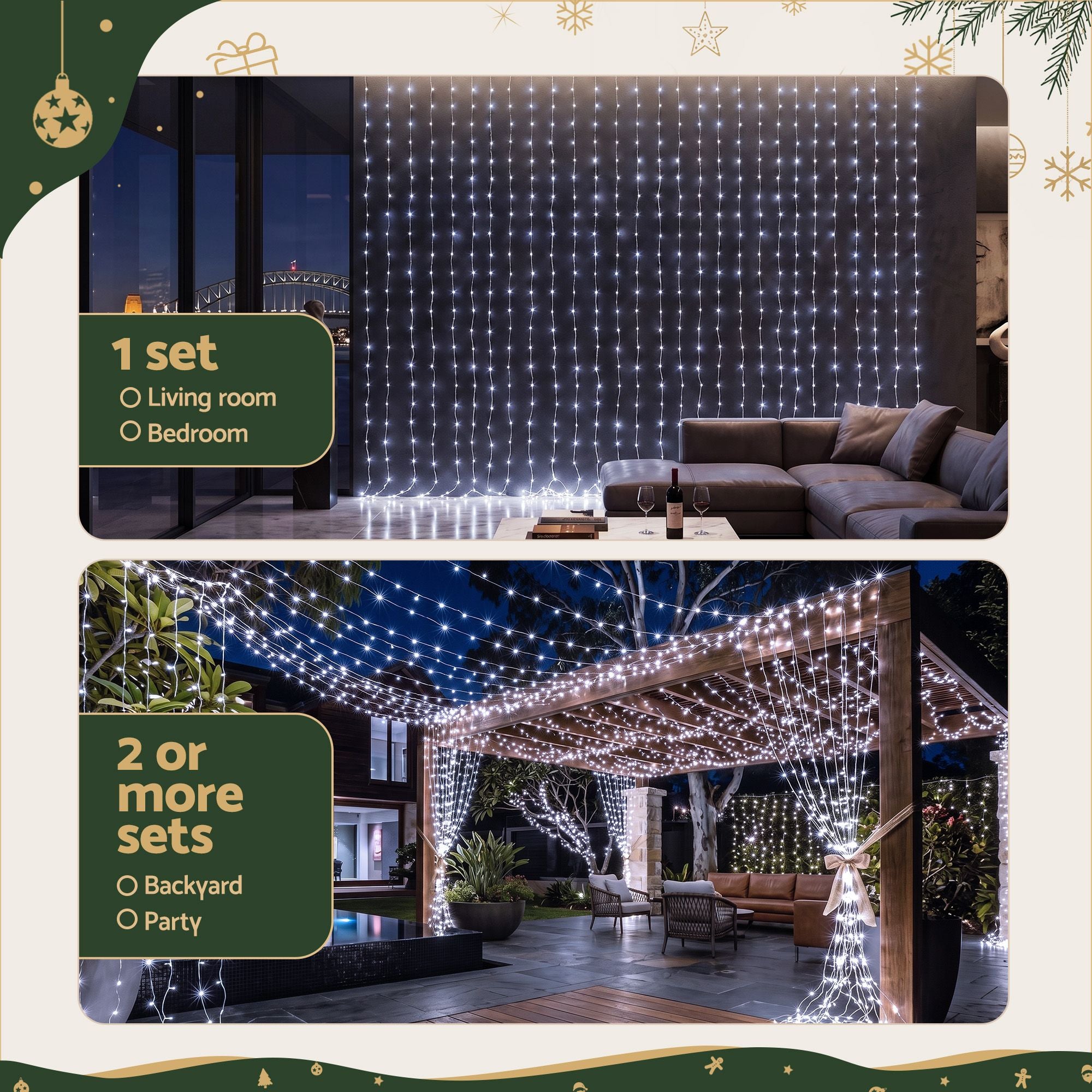 Jingle Jollys 3X3M Christmas Lights Curtain String Light 300 LED Cool White