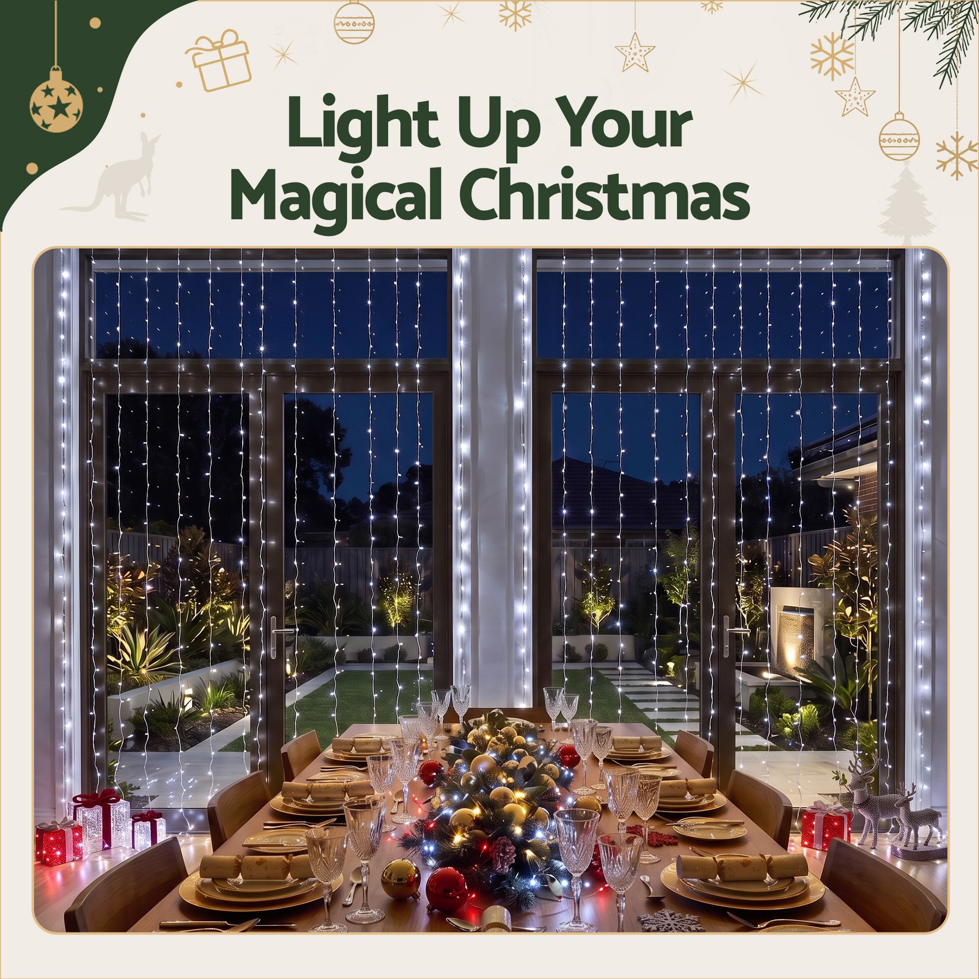 Jingle Jollys 3X3M Christmas Lights Curtain String Light 300 LED Cool White