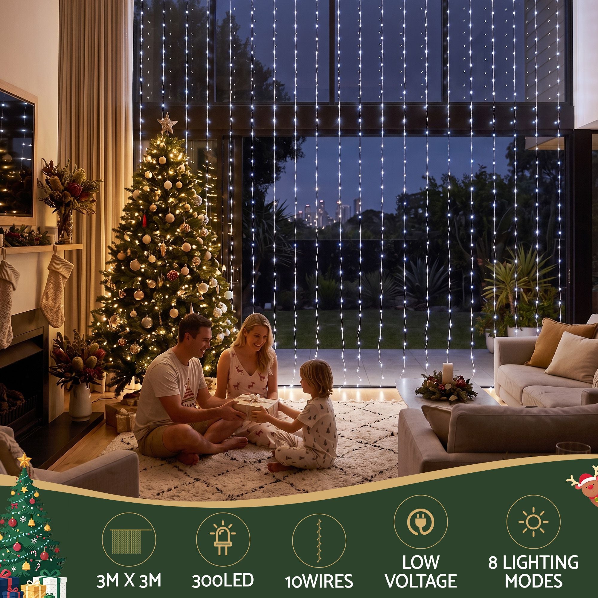 Jingle Jollys 3X3M Christmas Lights Curtain String Light 300 LED Cool White