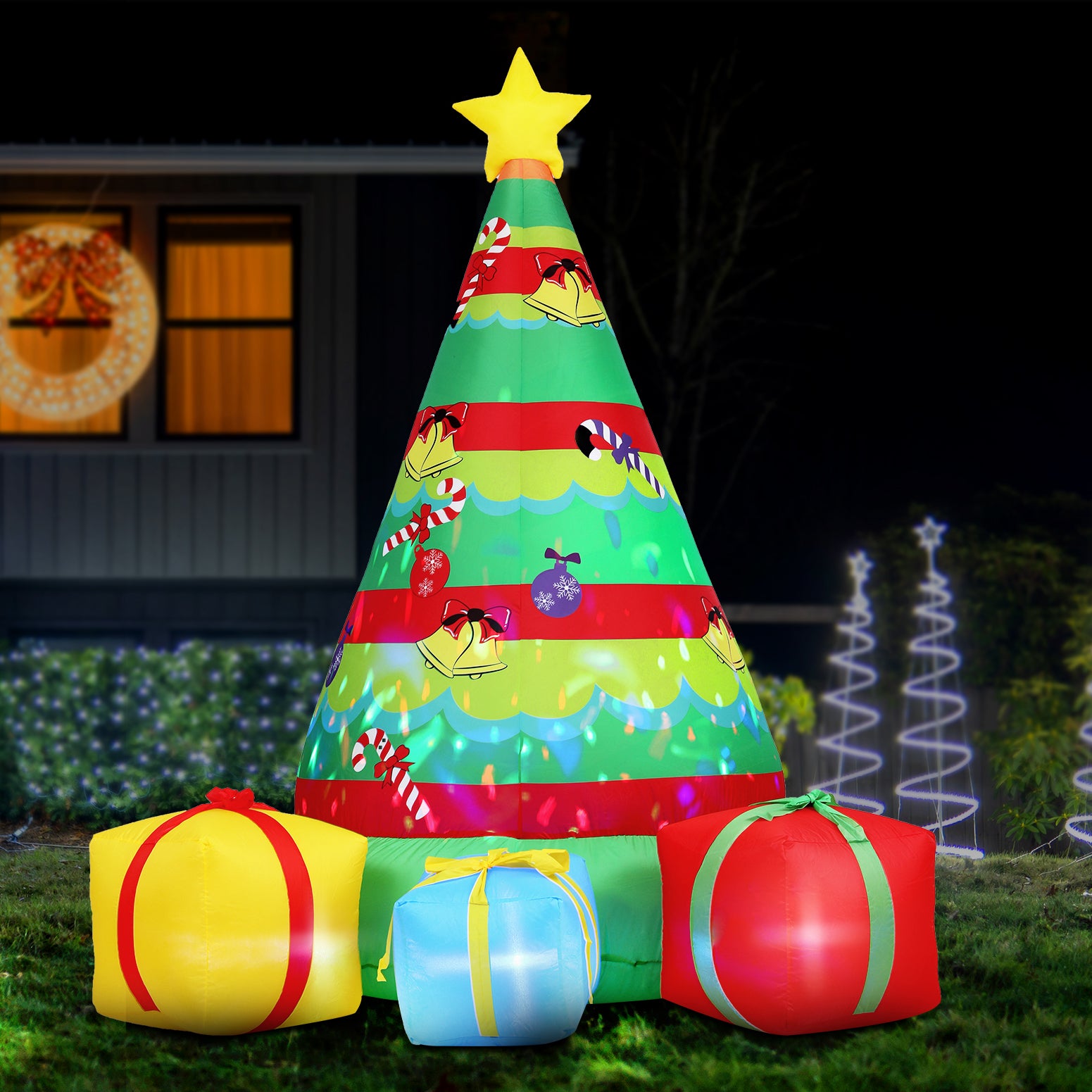 Outdoor Decorations & Lights: Jingle Jollys Christmas Inflatable Gift Tree 2.2M Height Flashing Light Decorations Illuminated
