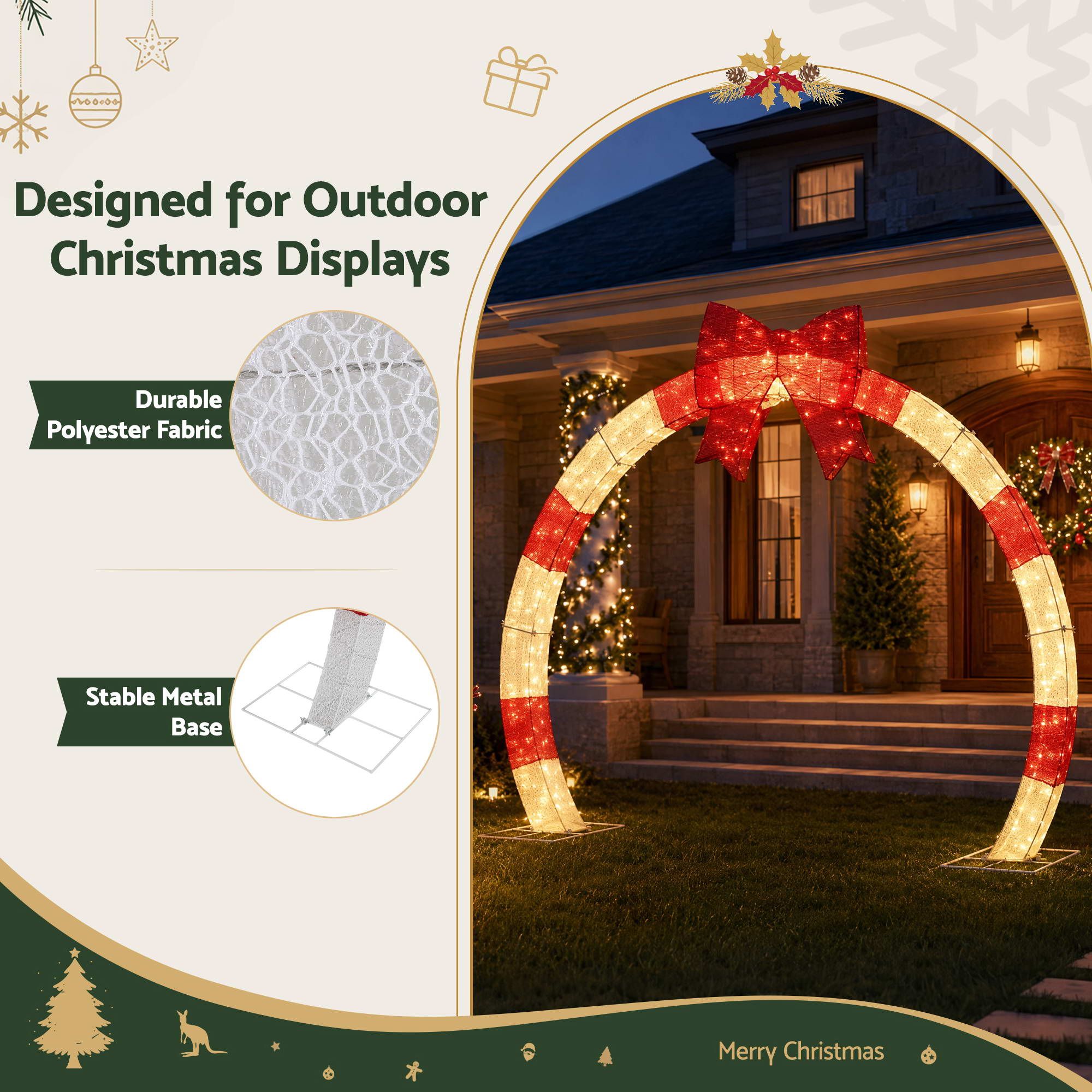 Jingle Jollys 2.5m Christmas Archway Pre-Lit Christmas Arch Warm White LED Outdoor Garden Decoration