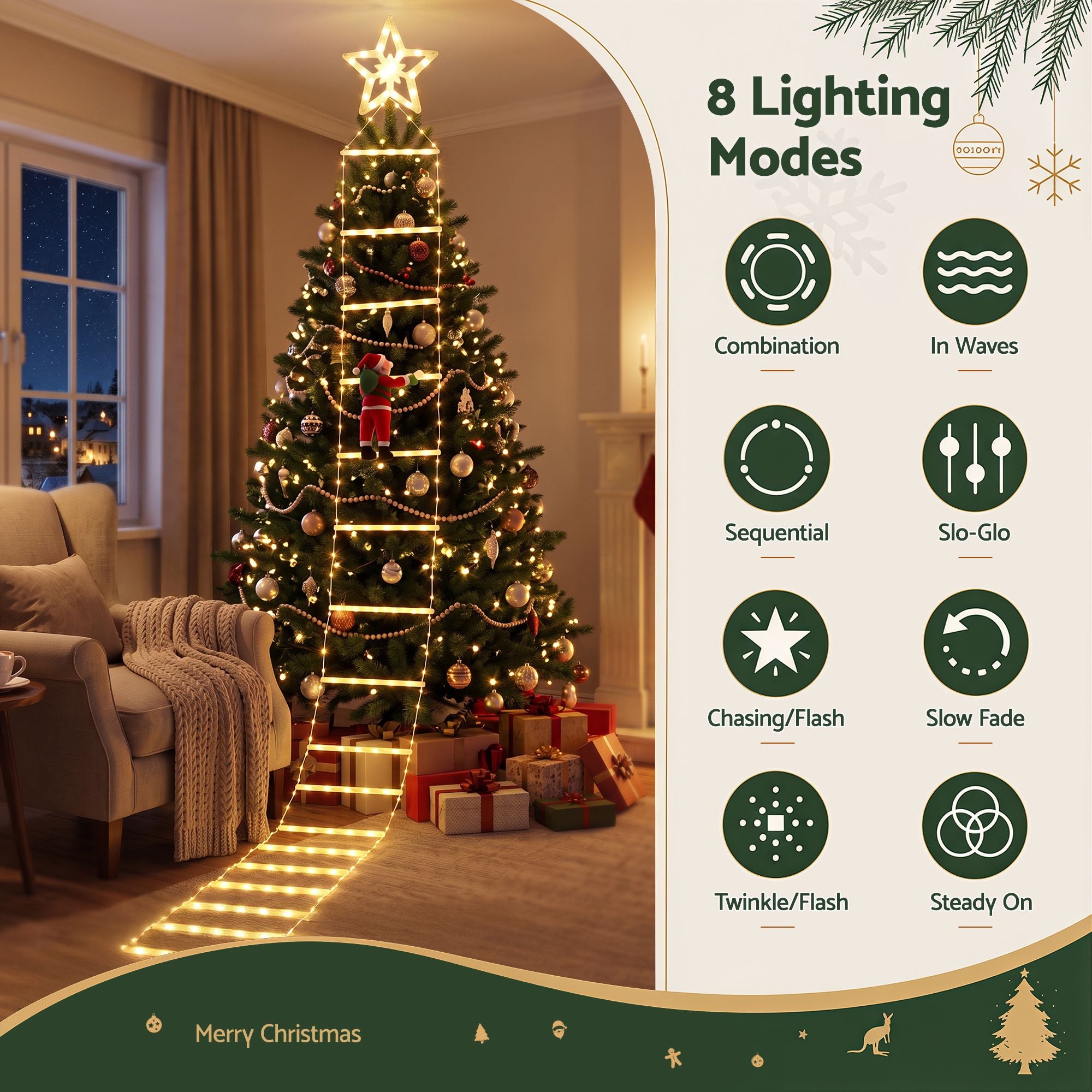 Jingle Jollys Christmas Ladder Lights Santa 3.4m 328LED Hanging Decor Warm White