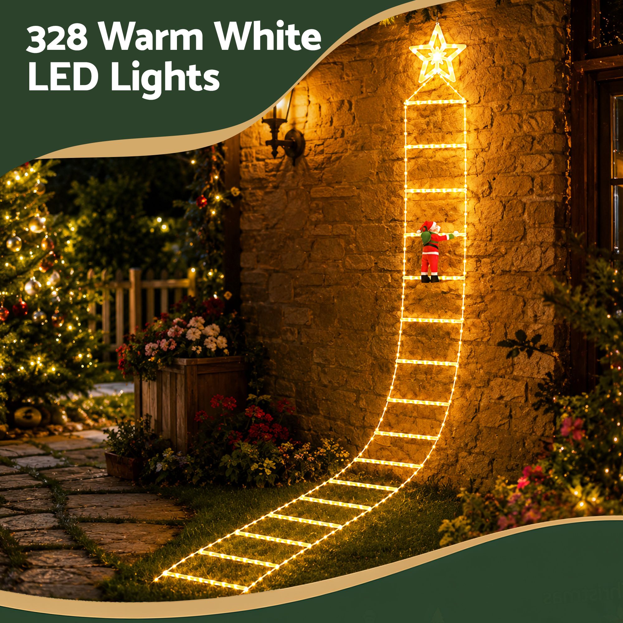 Jingle Jollys Christmas Ladder Lights Santa 3.4m 328LED Hanging Decor Warm White