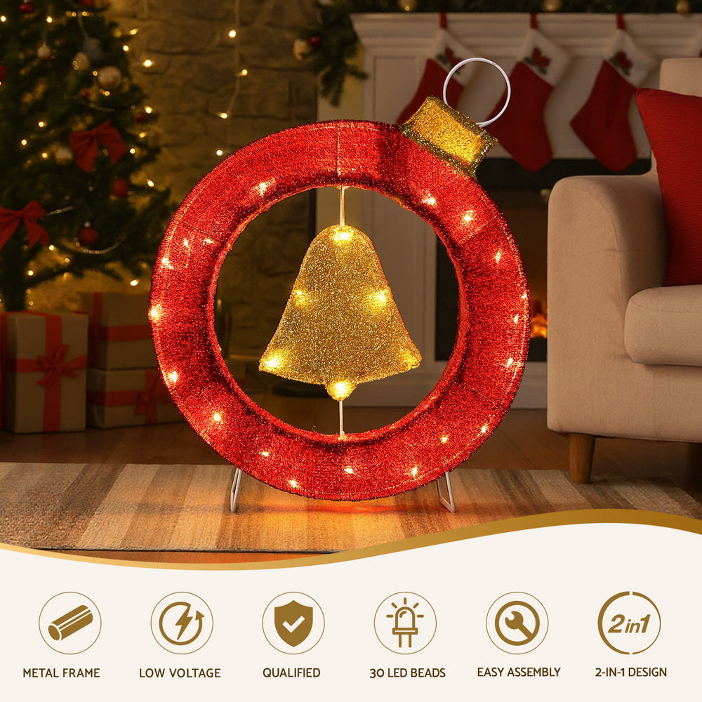 Outdoor Decorations & Lights: Jingle Jollys Christmas Lights 60cm Motif 30 LED Bell Wreath Xmas Decorations