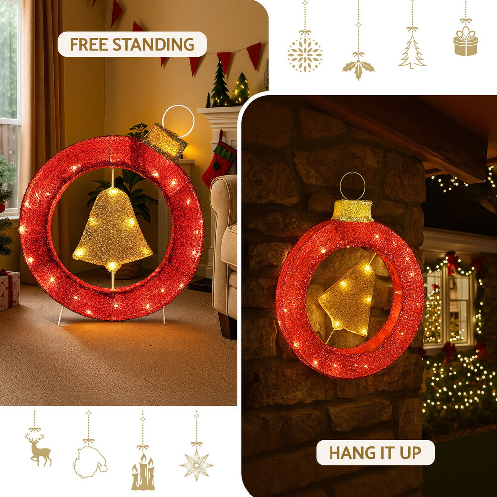 Outdoor Decorations & Lights: Jingle Jollys Christmas Lights 60cm Motif 30 LED Bell Wreath Xmas Decorations
