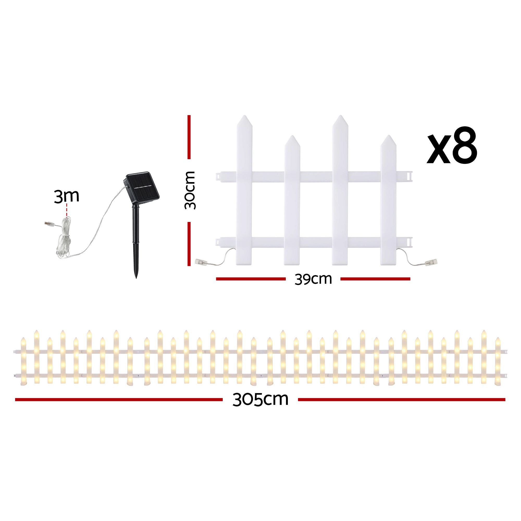 Jingle Jollys 3m Solar Christmas Fence Lights Outdoor Garden Path Decor Warm White 8pc