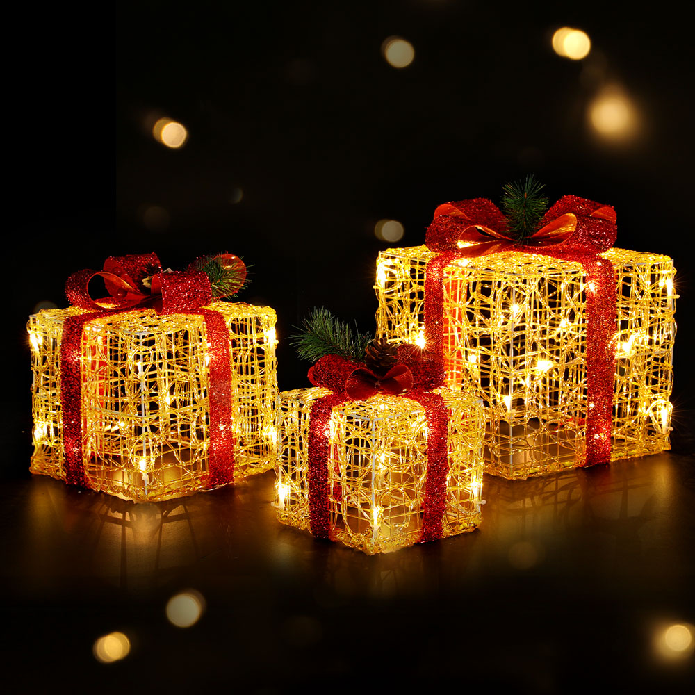 Outdoor Decorations & Lights: 3 PCS Christmas Lights Gift Box Set Set 48 LED Decorations Jingle Jollys