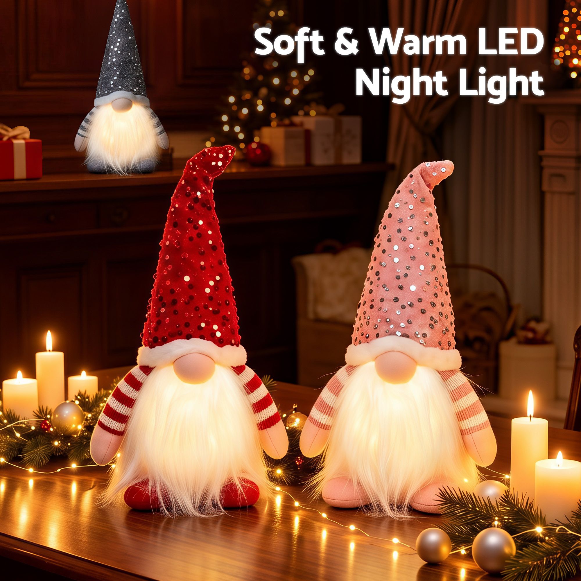 Jingle Jollys Christmas Gnomes Light Up Christmas Decorations Plush Goblin Set of 3 Warm White