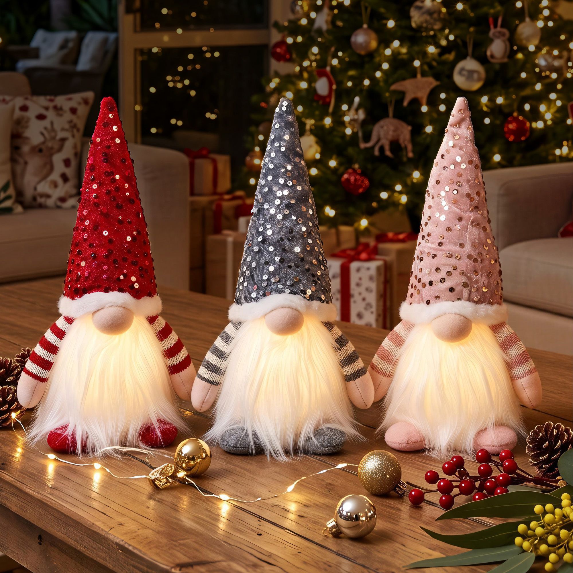 Jingle Jollys Christmas Gnomes Light Up Christmas Decorations Plush Goblin Set of 3 Warm White