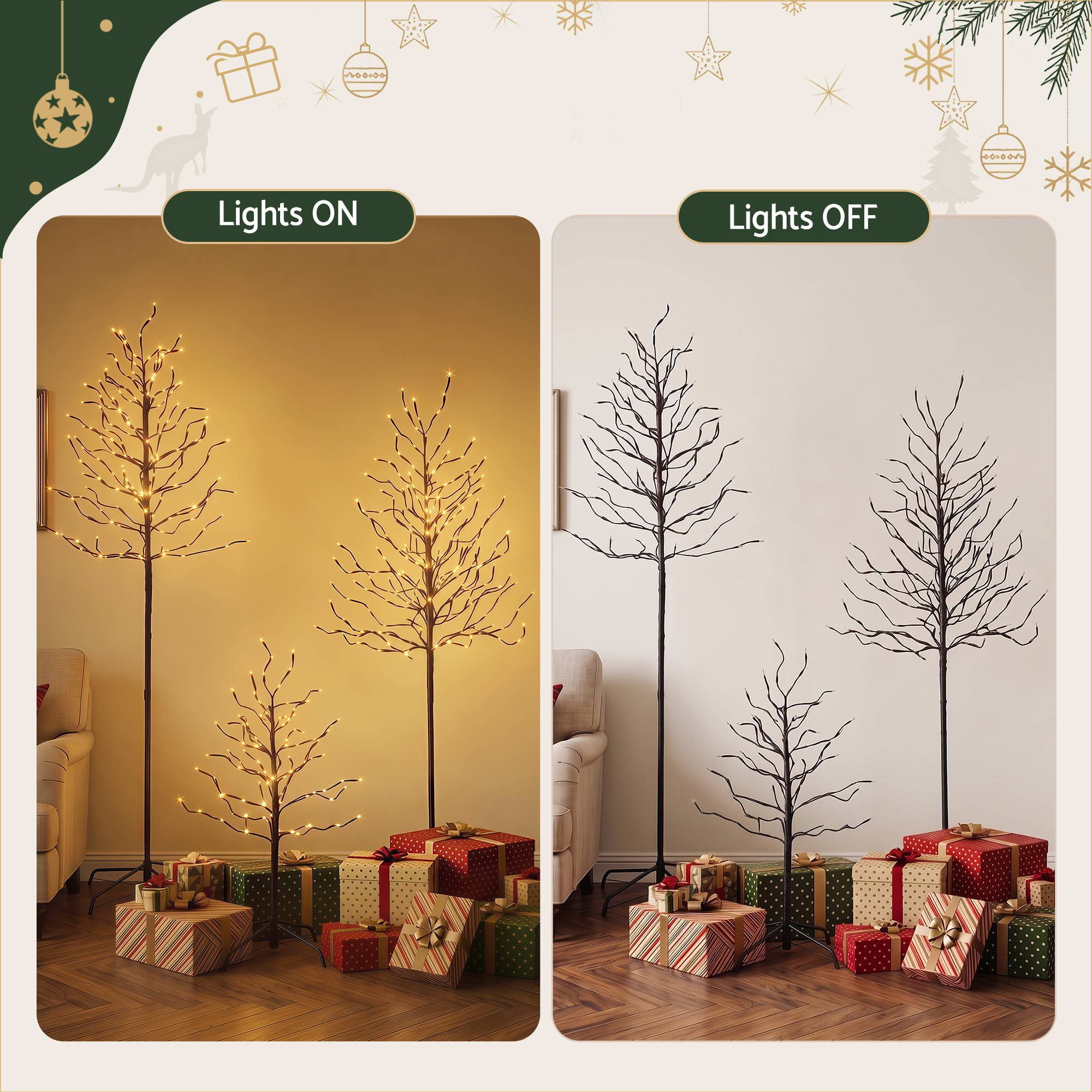 Jingle Jollys 3 Pack LED Christmas Tree Lighted Birch Tree Indoor Outdoor Xmas Decor Warm White