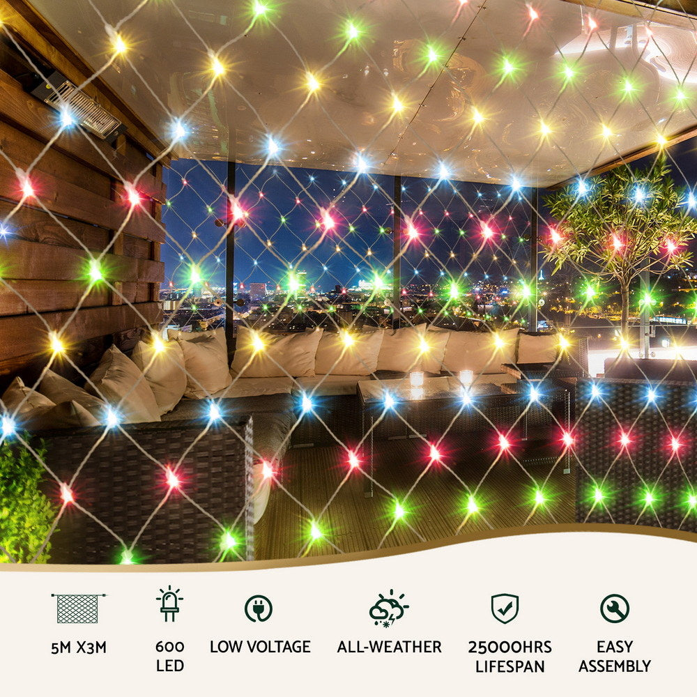 Outdoor Decorations & Lights: Jingle Jollys Christmas Lights 5Mx3M Net String Light 600 LED Colourful Beads