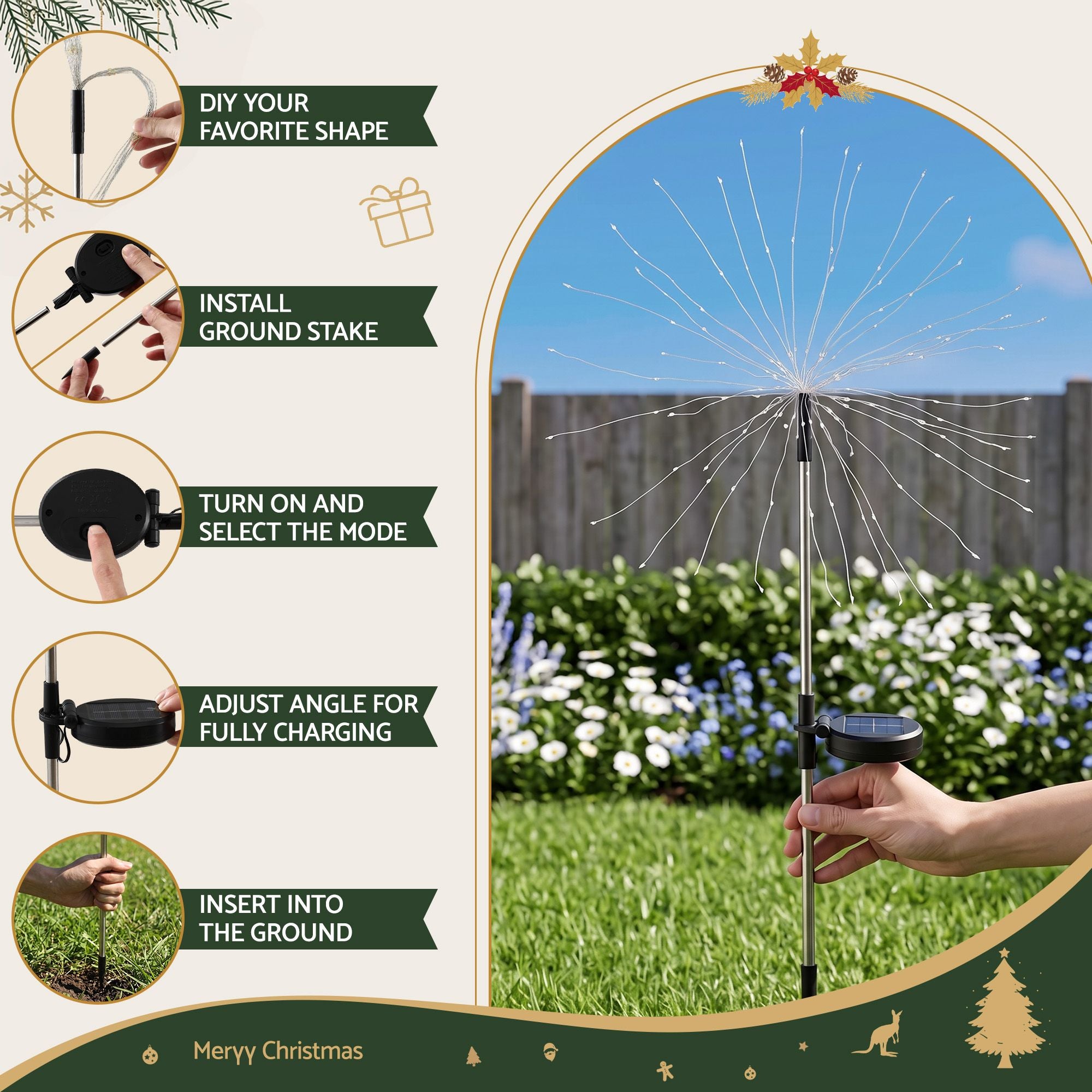 Jingle Jollys 4 Pack Christmas Lights Solar Firework Outdoor Garden Lights DIY Decoration Warm White