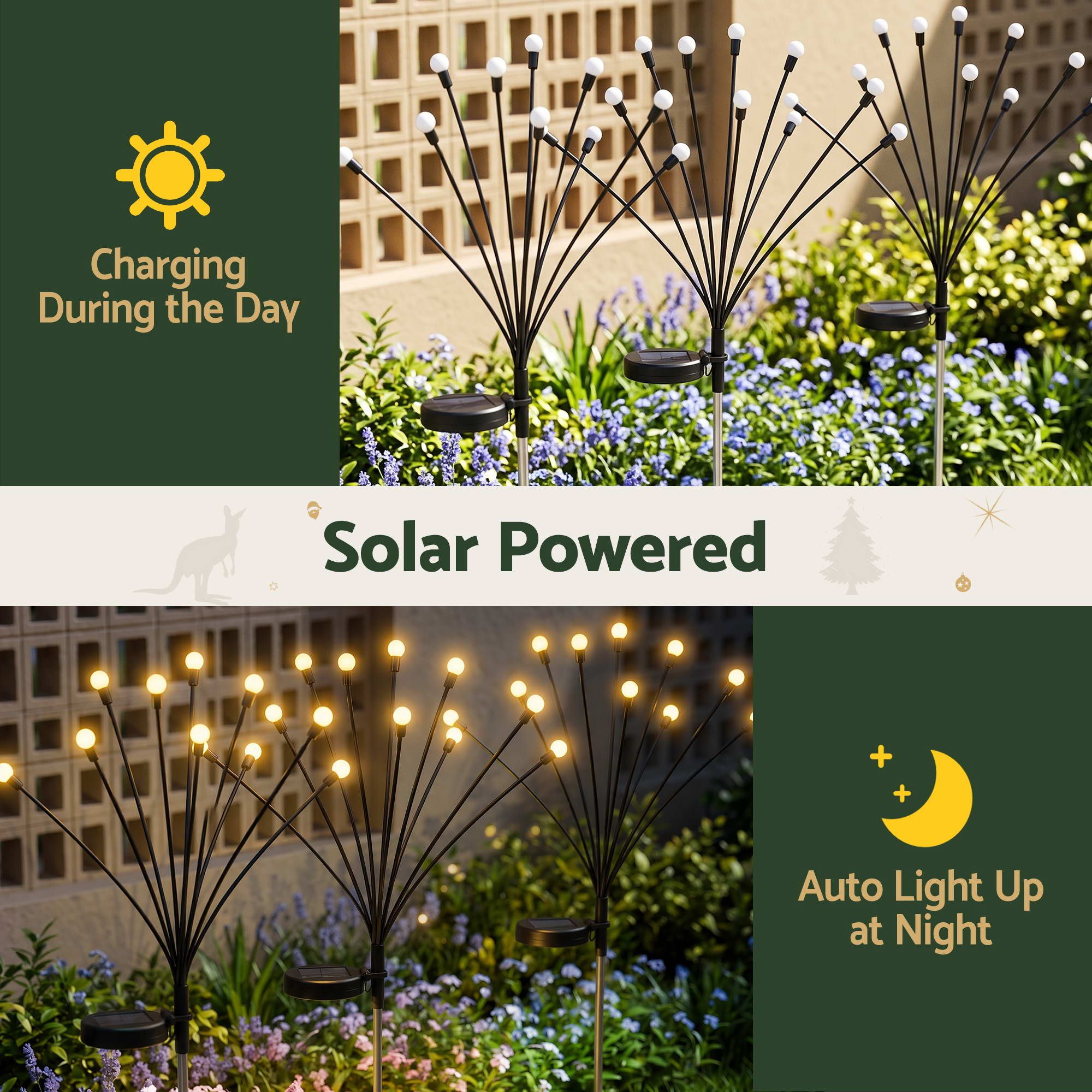 Jingle Jollys Christmas Lights Solar Firefly Lights Garden Decoration Path Lights Warm White 3 Pack
