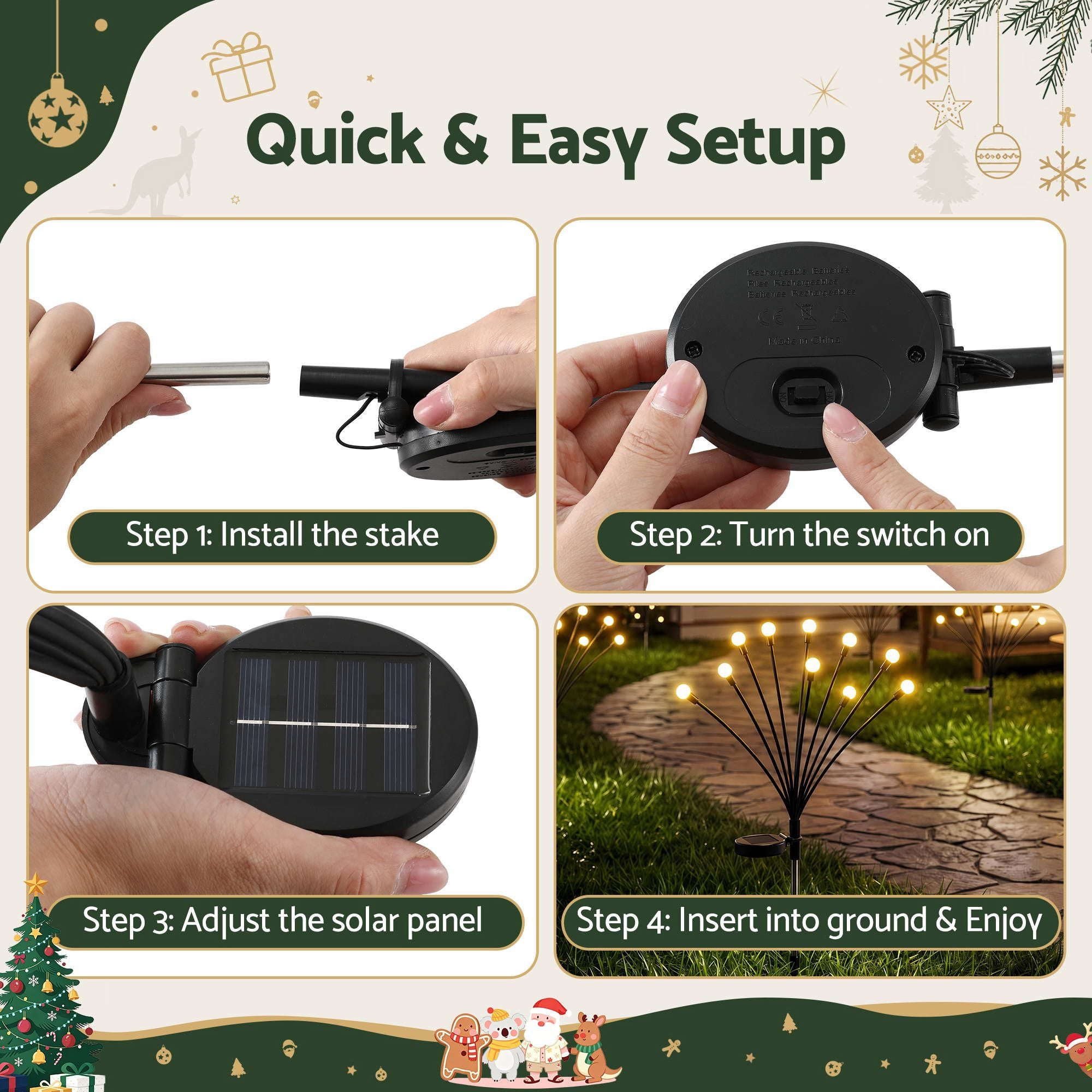 Jingle Jollys Christmas Lights Solar Firefly Lights Garden Decoration Path Lights Warm White 3 Pack
