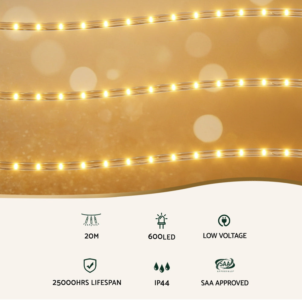 Outdoor Decorations & Lights: 20M Christmas Lights String Rope Light Decorations 600 LED Warm Jingle Jollys