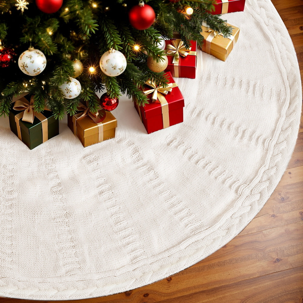 Christmas Decorations: Jingle Jollys Christmas Tree Skirt 120cm Knitted Xmas Tree Ornaments Decor Beige