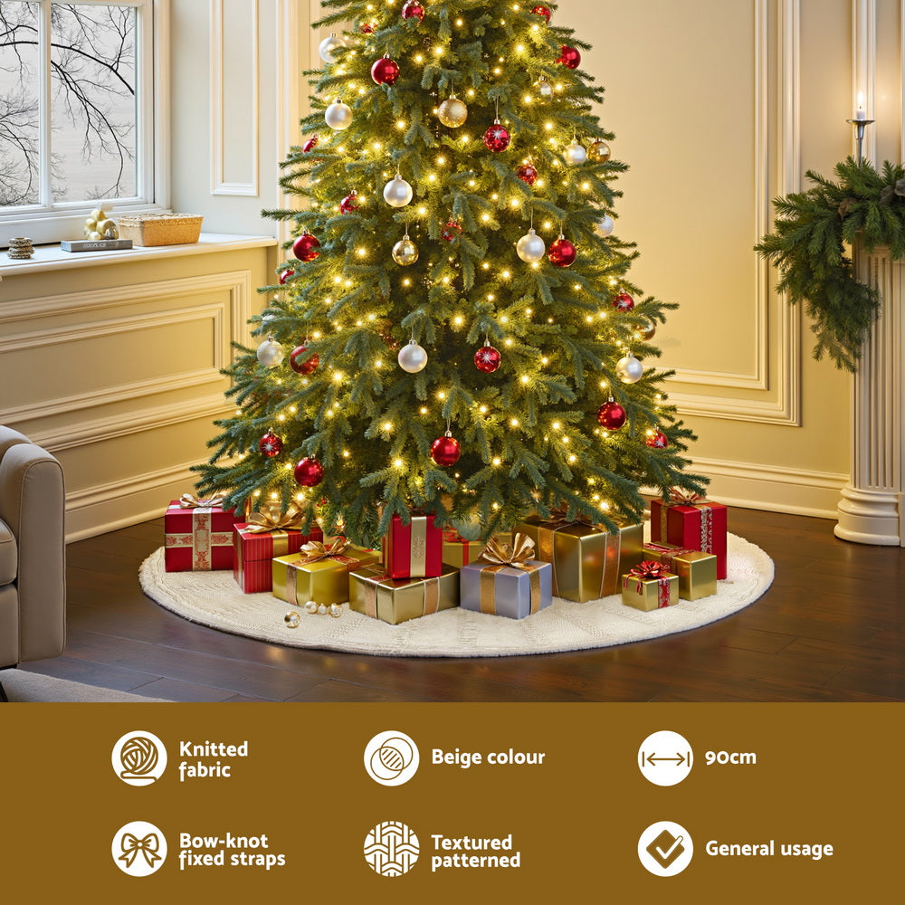 Christmas Decorations: Jingle Jollys Christmas Tree Skirt 90cm Knitted Fabric Xmas Ornament Decor Beige