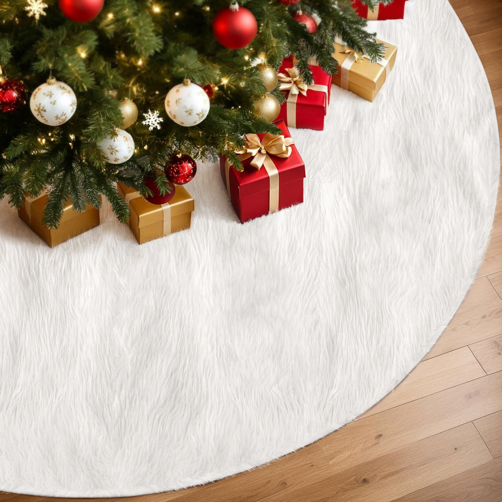 Christmas Trees: Jingle Jollys Christmas Tree Skirt 120cm Plush Xmas Fluffy Ornaments Decor White