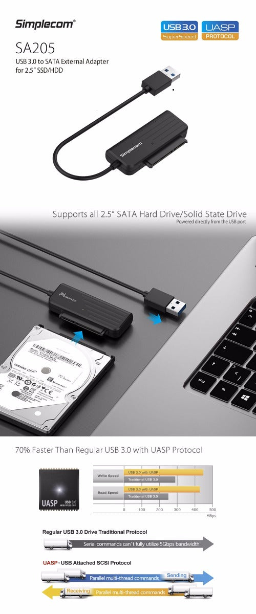 Hard Drives: Simplecom SA205 Compact USB 3.0 to SATA Adapter Cable Converter for 2.5" SSD/HDD