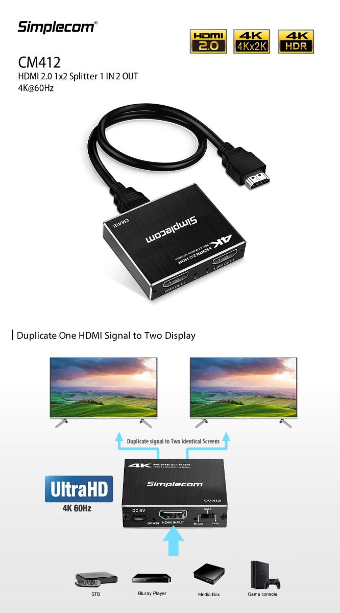 TVs & Accessories: Simplecom CM412 HDMI 2.0 1x2 Splitter 1 IN 2 Out 4K@60Hz HDR10 2 Port HDMI Duplicator