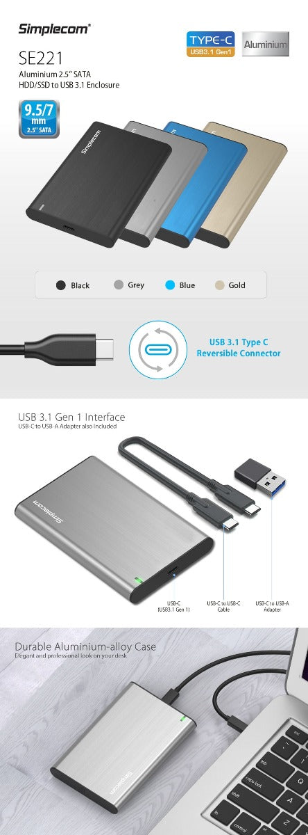 Hard Drives: Simplecom SE221 Aluminium 2.5'' SATA HDD/SSD to USB 3.1 Enclosure Gold